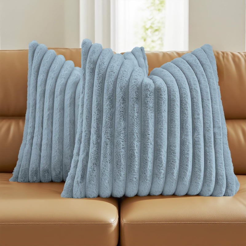 FUTEI Dusty Blue Throw Pillow Covers Set of 2, 18x18 Inch Soft Faux Rabbit Fur Striped Texture Cushion Cases, Modern Decorative Couch Pillows for Living Room Bed - Image 1