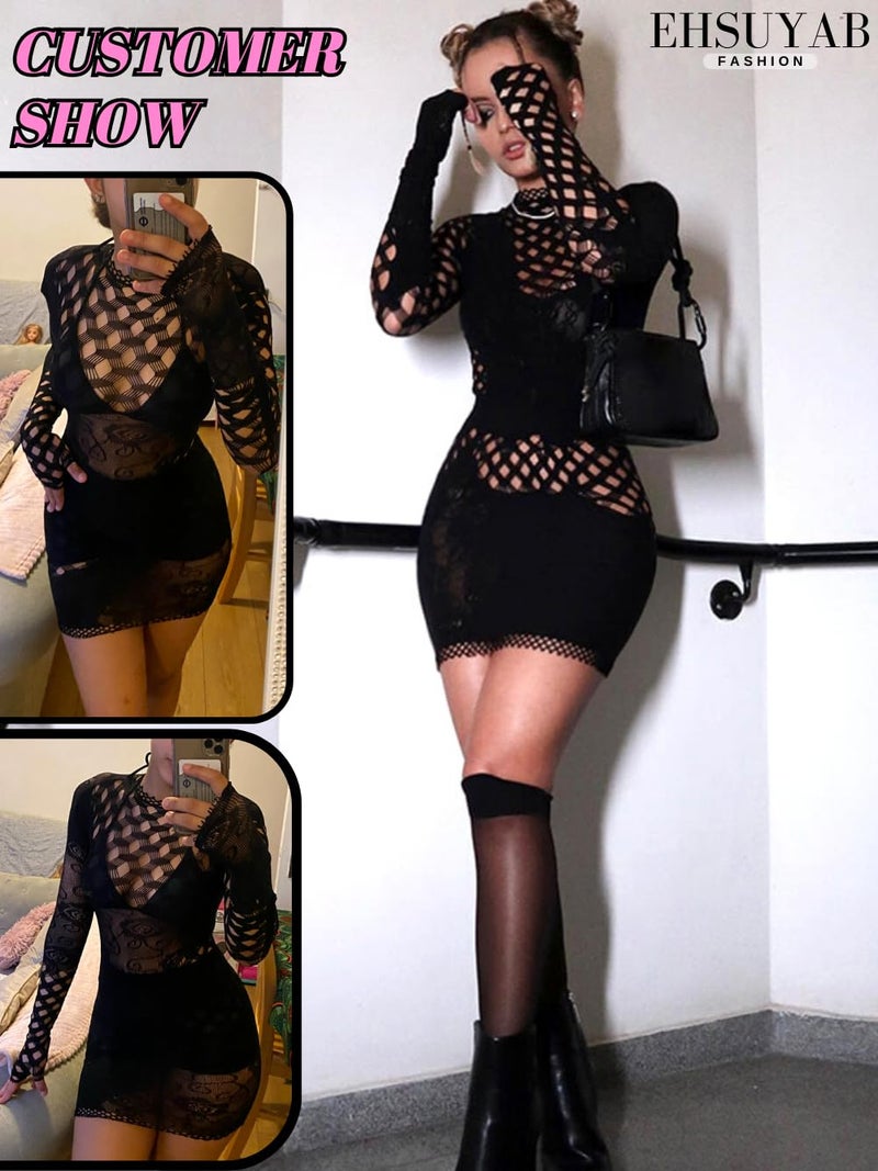 EHSUYAB Sexy Dresses for Women Clubwear, Fishnet Mesh Hollow Out Floral Poster Girl Bodycon Dress, Glove Long Sleeve Mock Neck One Piece Club Outfits Going Out Boudoir Party One Size Fits All Black - Image 4