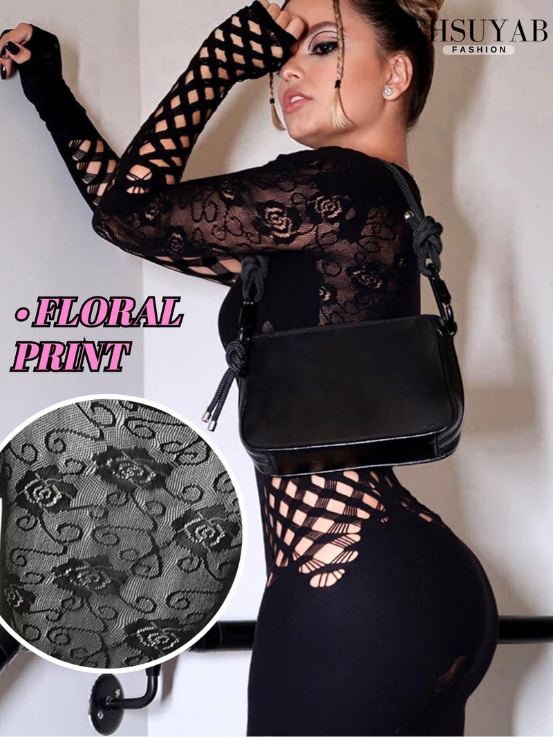 EHSUYAB Sexy Dresses for Women Clubwear, Fishnet Mesh Hollow Out Floral Poster Girl Bodycon Dress, Glove Long Sleeve Mock Neck One Piece Club Outfits Going Out Boudoir Party One Size Fits All Black - Image 3