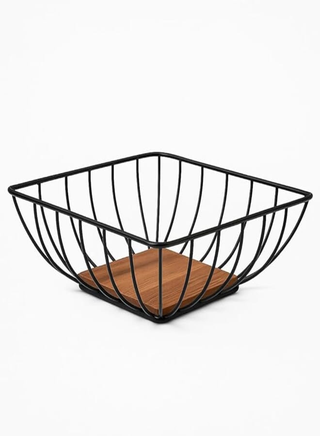 Bread Basket With Wood Base For Table - Metal Serving Basket For Loaf Muffin Cake Fruit - Kitchen Counter Display With Removable Bamboo Tray