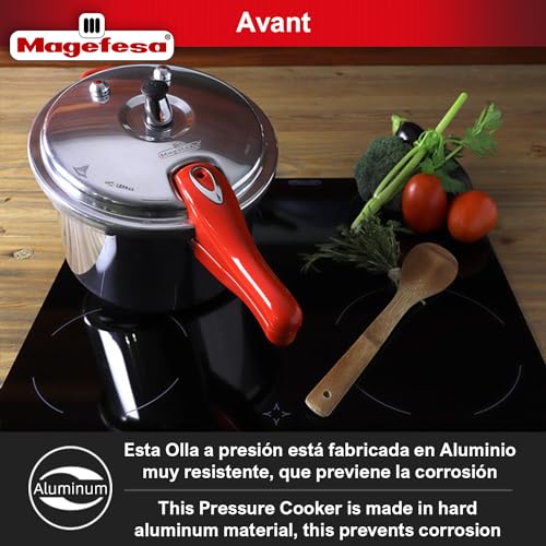MAGEFESA Avant 6.2-Quart Aluminum Pressure Cooker, Compatible with Gas, Electric & Ceramic Stoves, Stovetop Pressure Canner with Trivet, Red Handle - Image 2
