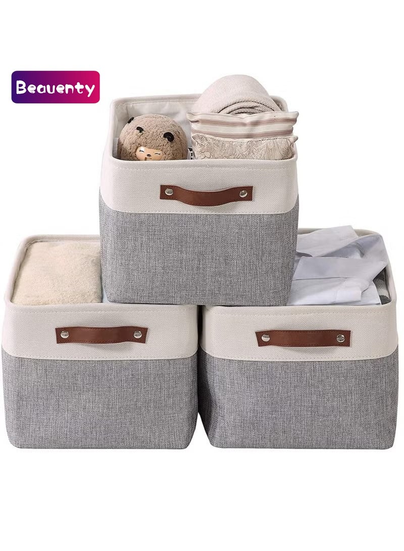 Beauenty Storage Bins, 3 Pcs Fabric Storage Basket, Linen Closet Organizers with Handles Cubes, Rectangular Fabric Storage Bins Collapsible, Perfect for Shelves, Closets, Home, Office(Grey+Beige) - Image 1