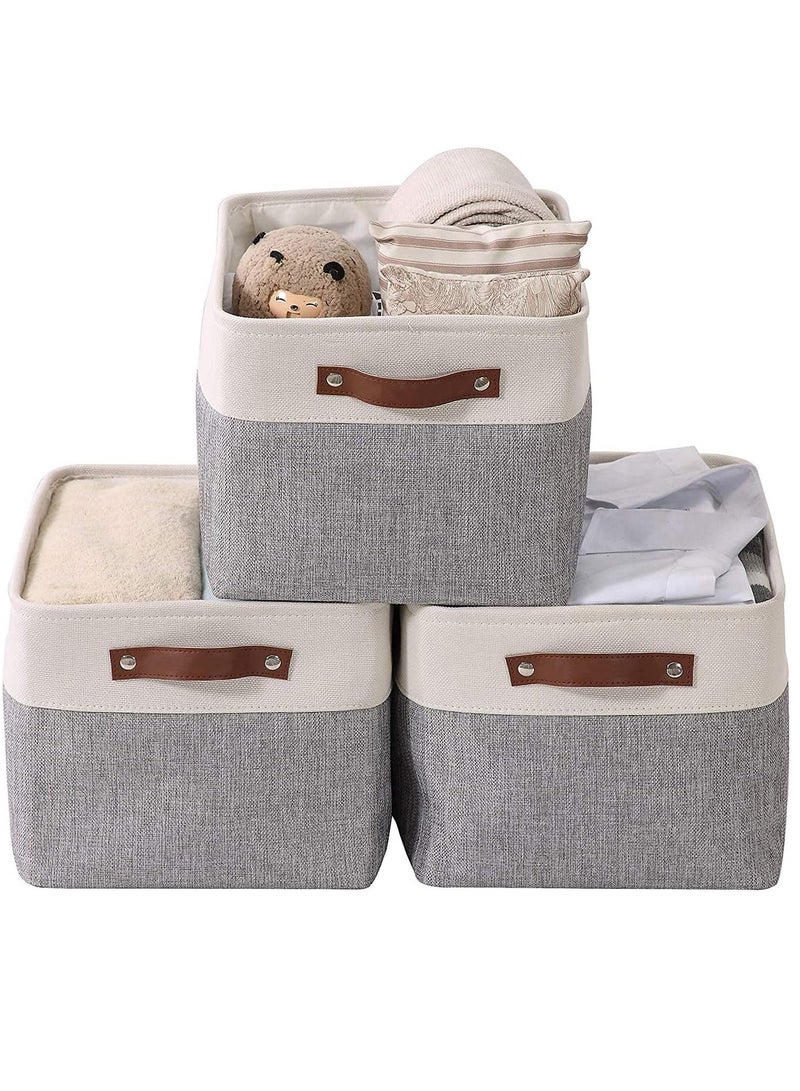 Beauenty Storage Bins, 3 Pcs Fabric Storage Basket, Linen Closet Organizers with Handles Cubes, Rectangular Fabric Storage Bins Collapsible, Perfect for Shelves, Closets, Home, Office(Grey+Beige) - Image 1