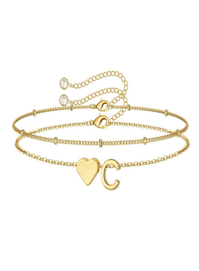 M MOOHAM Initial Bracelets for Women - Dainty 14K-Gold-Plated Heart Initial Letter C Link Charm Bracelets for Women Trendy Gold-Plated Jewelry Personalized Birthday Gifts - Image 1