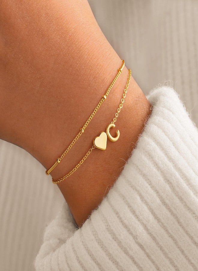 M MOOHAM Initial Bracelets for Women - Dainty 14K-Gold-Plated Heart Initial Letter C Link Charm Bracelets for Women Trendy Gold-Plated Jewelry Personalized Birthday Gifts - Image 2