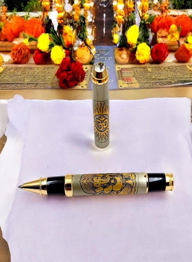 auteur Good Luck Divine Series Ganesha Roller Ball Pen Brass Metal Body Dual Tone Premium Best Gift Pen For Men & Women Professional Executive Office, Nice Pens (Blue Ink) - Image 2