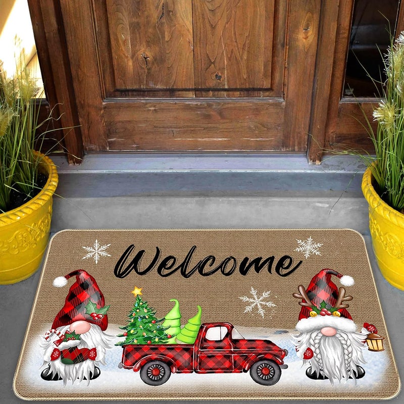 TREWAVE Christmas Decorative Doormat Xmas Welcome Gnome Tomte Car Truck Mat Non Slip Rubber Backing Doormat Outdoor Indoor Entrance Doormat Floor Mat, 29 x 17 Inch - Image 2