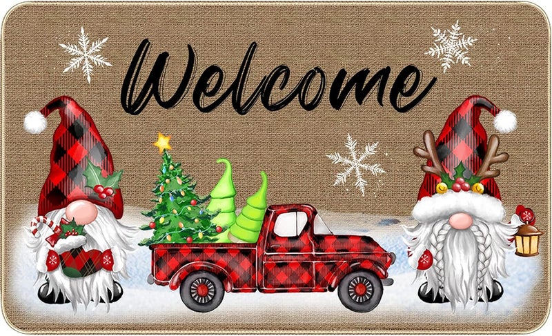TREWAVE Christmas Decorative Doormat Xmas Welcome Gnome Tomte Car Truck Mat Non Slip Rubber Backing Doormat Outdoor Indoor Entrance Doormat Floor Mat, 29 x 17 Inch - Image 1