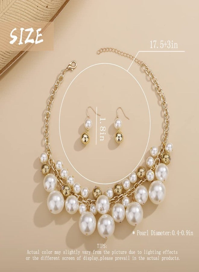 Aimimier 1920s Big Faux Pearl Strand Choker Necklace with Earrings Gold Chain Gold Beads Cluster Necklace for Women (Style 2) - Image 3