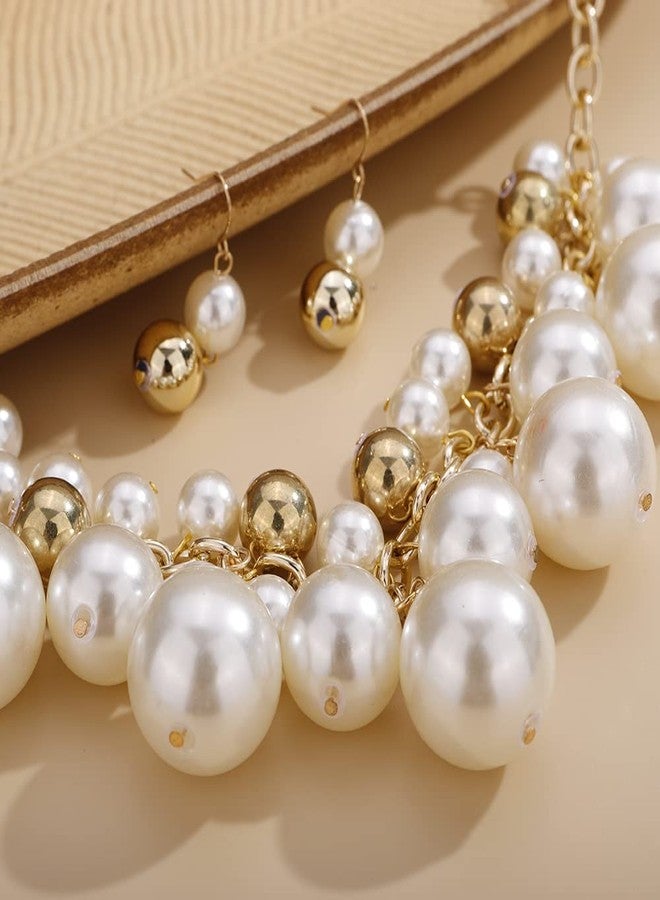 Aimimier 1920s Big Faux Pearl Strand Choker Necklace with Earrings Gold Chain Gold Beads Cluster Necklace for Women (Style 2) - Image 4