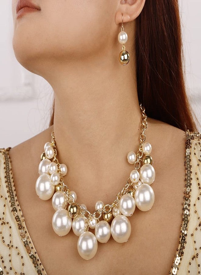 Aimimier 1920s Big Faux Pearl Strand Choker Necklace with Earrings Gold Chain Gold Beads Cluster Necklace for Women (Style 2) - Image 2