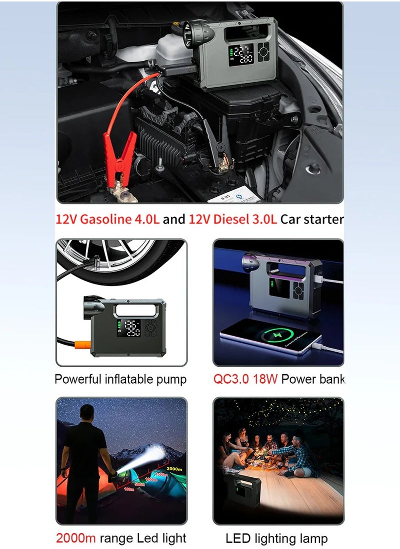 Generic 5 in 1 Car Jump Starter / Tire Inflator / Flashlight / Camp Light / Power Bank, Battery 16,000 mAh, 1000-2000A, Cordless Car Air Compressor 150 PSI, Pump Smart Auto Shut off, Type-C Charging  - Image 3
