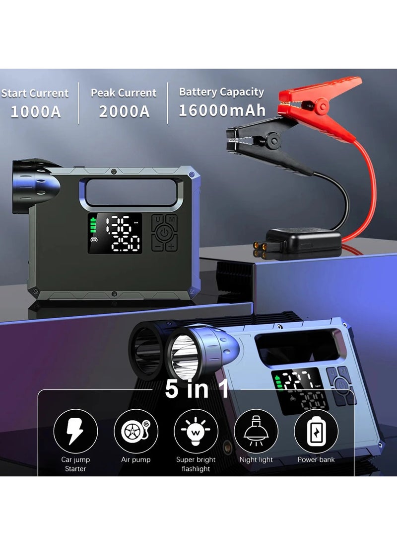 Generic 5 in 1 Car Jump Starter / Tire Inflator / Flashlight / Camp Light / Power Bank, Battery 16,000 mAh, 1000-2000A, Cordless Car Air Compressor 150 PSI, Pump Smart Auto Shut off, Type-C Charging  - Image 2