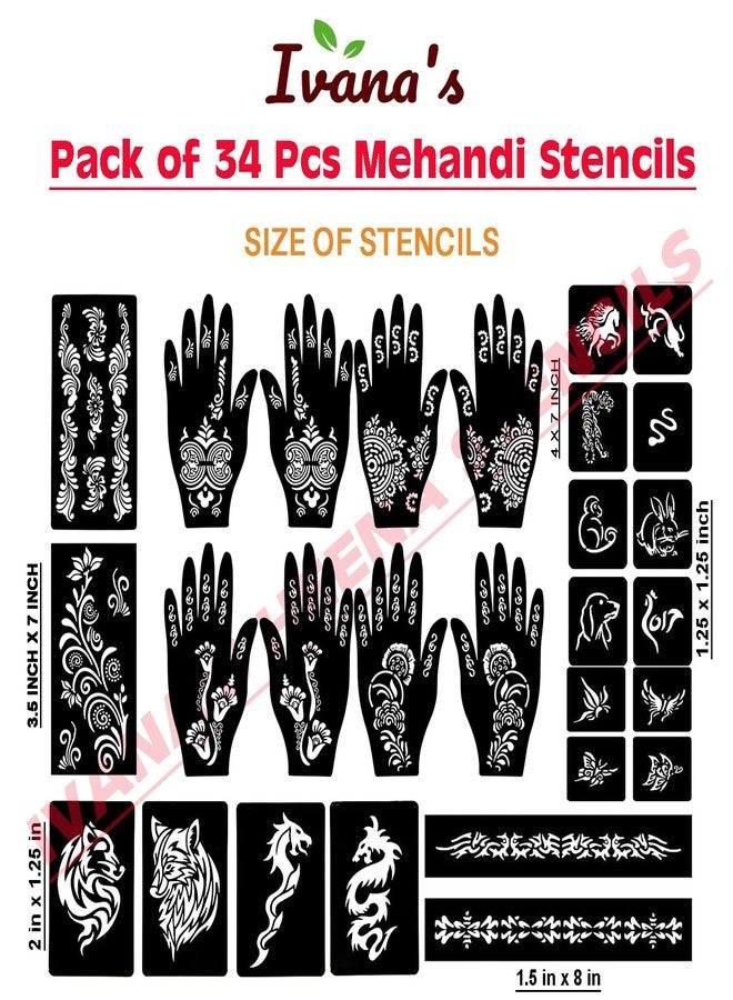إيفاناز مجموعة إيفانا المكونة من 34 قطعة من قوالب الحناء القابلة لإعادة الاستخدام لليدين والمعصم والجسم والظهر والرقبة والوجه، عبوة كومبو من القوالب للنساء والفتيات والأطفال، سهلة الاستخدام في 4 خطوات فقط، مجموعة تصميم هندي، A2096 - Image 4