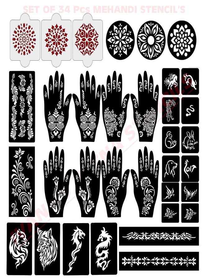إيفاناز مجموعة إيفانا المكونة من 34 قطعة من قوالب الحناء القابلة لإعادة الاستخدام لليدين والمعصم والجسم والظهر والرقبة والوجه، عبوة كومبو من القوالب للنساء والفتيات والأطفال، سهلة الاستخدام في 4 خطوات فقط، مجموعة تصميم هندي، A2096 - Image 1