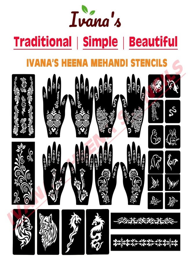 إيفاناز مجموعة إيفانا المكونة من 34 قطعة من قوالب الحناء القابلة لإعادة الاستخدام لليدين والمعصم والجسم والظهر والرقبة والوجه، عبوة كومبو من القوالب للنساء والفتيات والأطفال، سهلة الاستخدام في 4 خطوات فقط، مجموعة تصميم هندي، A2096 - Image 5