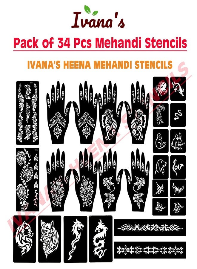 إيفاناز مجموعة إيفانا المكونة من 34 قطعة من قوالب الحناء القابلة لإعادة الاستخدام لليدين والمعصم والجسم والظهر والرقبة والوجه، عبوة كومبو من القوالب للنساء والفتيات والأطفال، سهلة الاستخدام في 4 خطوات فقط، مجموعة تصميم هندي، A2096 - Image 3