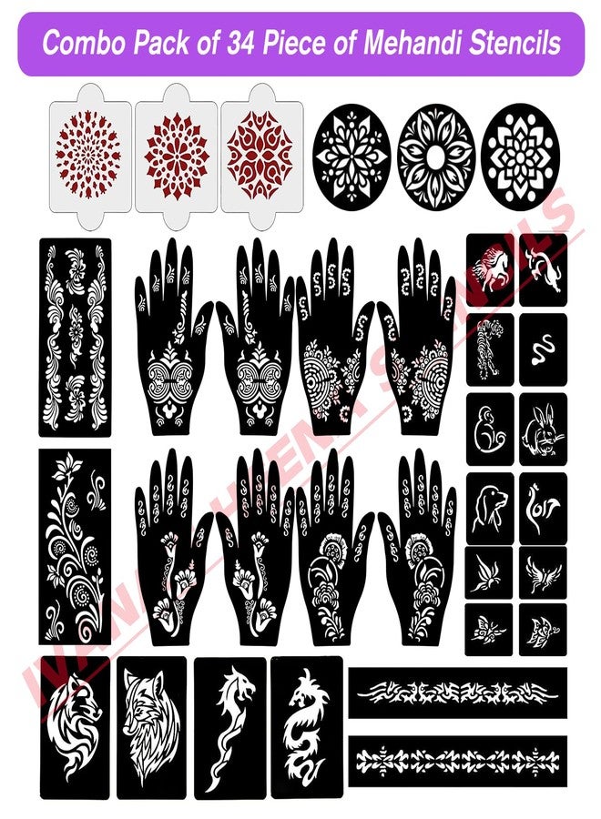 إيفاناز مجموعة إيفانا المكونة من 34 قطعة من قوالب الحناء القابلة لإعادة الاستخدام لليدين والمعصم والجسم والظهر والرقبة والوجه، عبوة كومبو من القوالب للنساء والفتيات والأطفال، سهلة الاستخدام في 4 خطوات فقط، مجموعة تصميم هندي، A2096 - Image 2