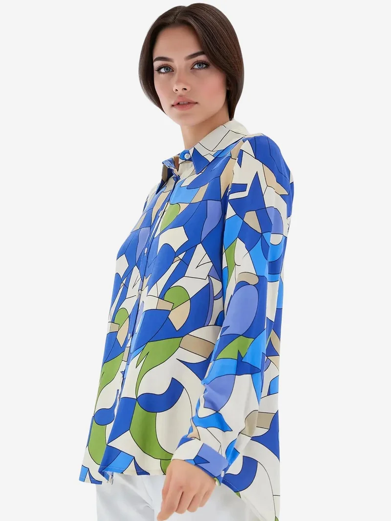 Big Dart Moroccan Blue BDART Patterned Long Sleeve Shirt for Women | Best Price UAE