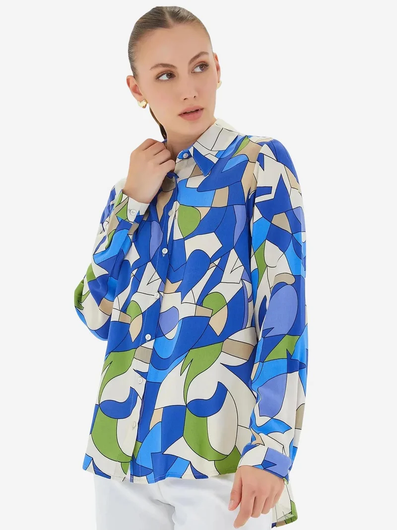 Big Dart Moroccan Blue BDART Patterned Long Sleeve Shirt for Women | Best Price UAE