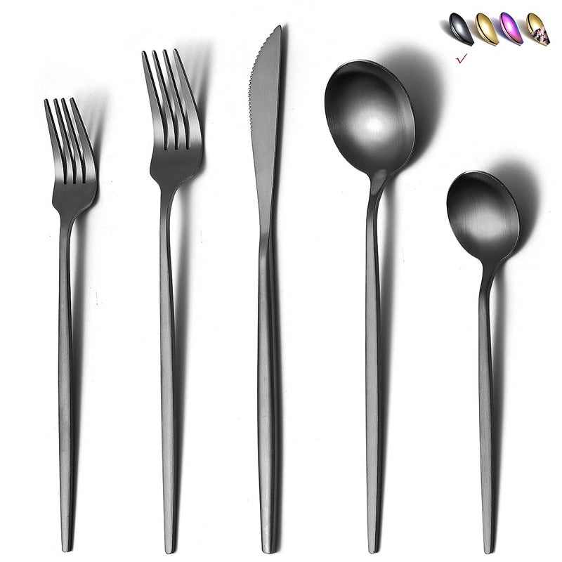 HOMQUEN Matte Black Silverware Set 20 Pieces Stainless Steel Flatware Set Titanium Plating Cutlery Set Matte Black Utensil Sets Service Set for 4 Matte Black 