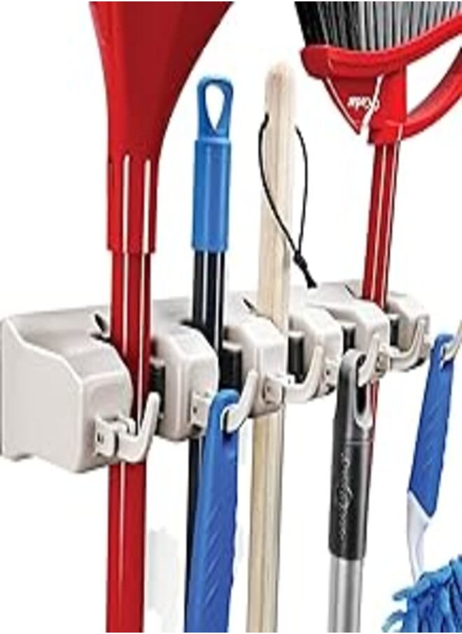 Home-it Home- It Mop and Broom Holder, 5 Position with 6 Hooks Garage Storage Holds up to 11 Tools, Storage Solutions for Broom Holders, Garage Storage Systems Broom Organizer for Garage Shelving Ideas 