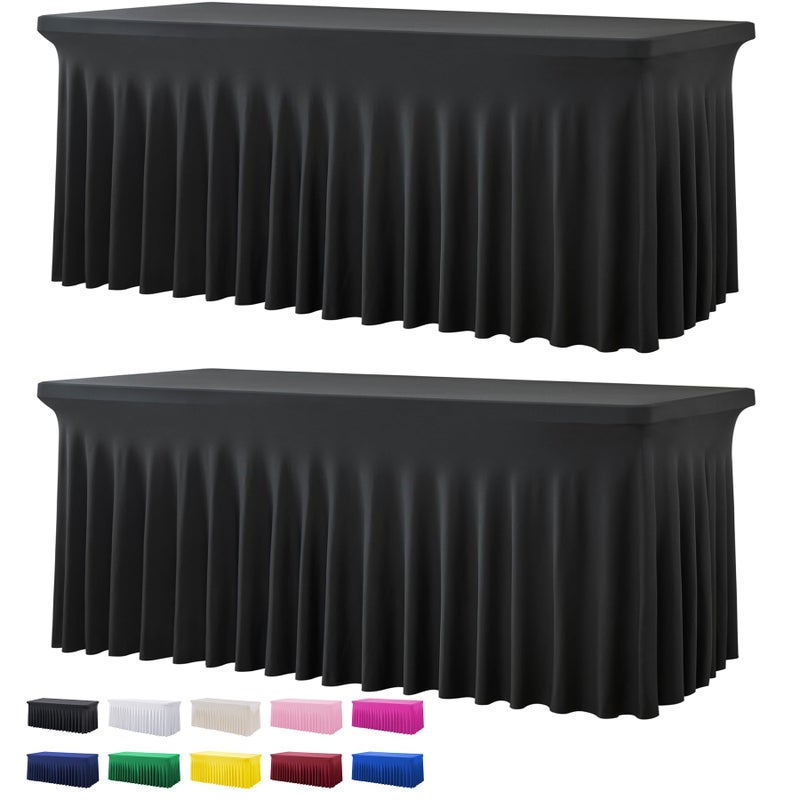 Htper Htper 2 Pack Black Spandex Table Covers for 6 Foot Rectangle Tables Wrinkle Free Fitted Tablecloths 6ft Stretch Table Clothes with Skirt for Parties Weddings Birthday Banquet Baby Shower