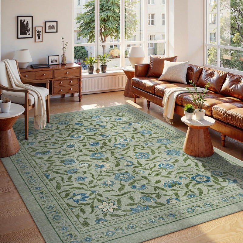 Collive Washable Entryway Rugs, Green 2 x 3 Spring Floral Rug Modern Soft Kitchen Carpet Non Slip, Vintage Bathroom Mats Stain Resistant Inside Front Door Mat for Entrance, Bedroom - Image 1