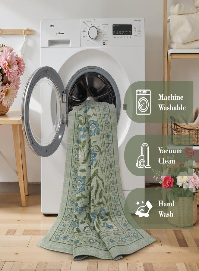 Collive Washable Entryway Rugs, Green 2 x 3 Spring Floral Rug Modern Soft Kitchen Carpet Non Slip, Vintage Bathroom Mats Stain Resistant Inside Front Door Mat for Entrance, Bedroom - Image 3