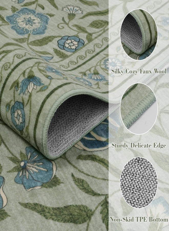 Collive Washable Entryway Rugs, Green 2 x 3 Spring Floral Rug Modern Soft Kitchen Carpet Non Slip, Vintage Bathroom Mats Stain Resistant Inside Front Door Mat for Entrance, Bedroom - Image 2