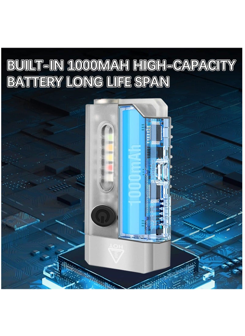 Mini LED Keychain Flashlight, Rechargeable Pocket Torch with 14 Modes 1000LM Small Powerful Torch IPX4 Transparent EDC Flashlight with UV Light & Magnetic Tail for Camping Hiking Emergency