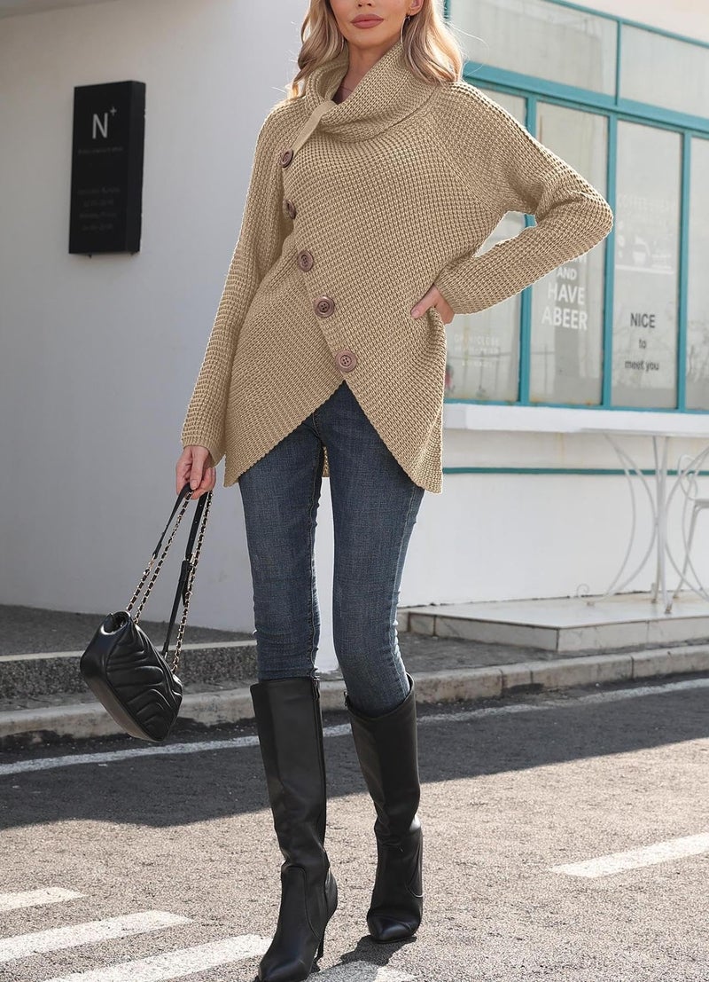 GRECERELLE Women's Fall Chunky Turtleneck Long Sleeve Asymmetric Hem Loose Knit Pullover Sweaters Tops, Khaki, L - Image 3