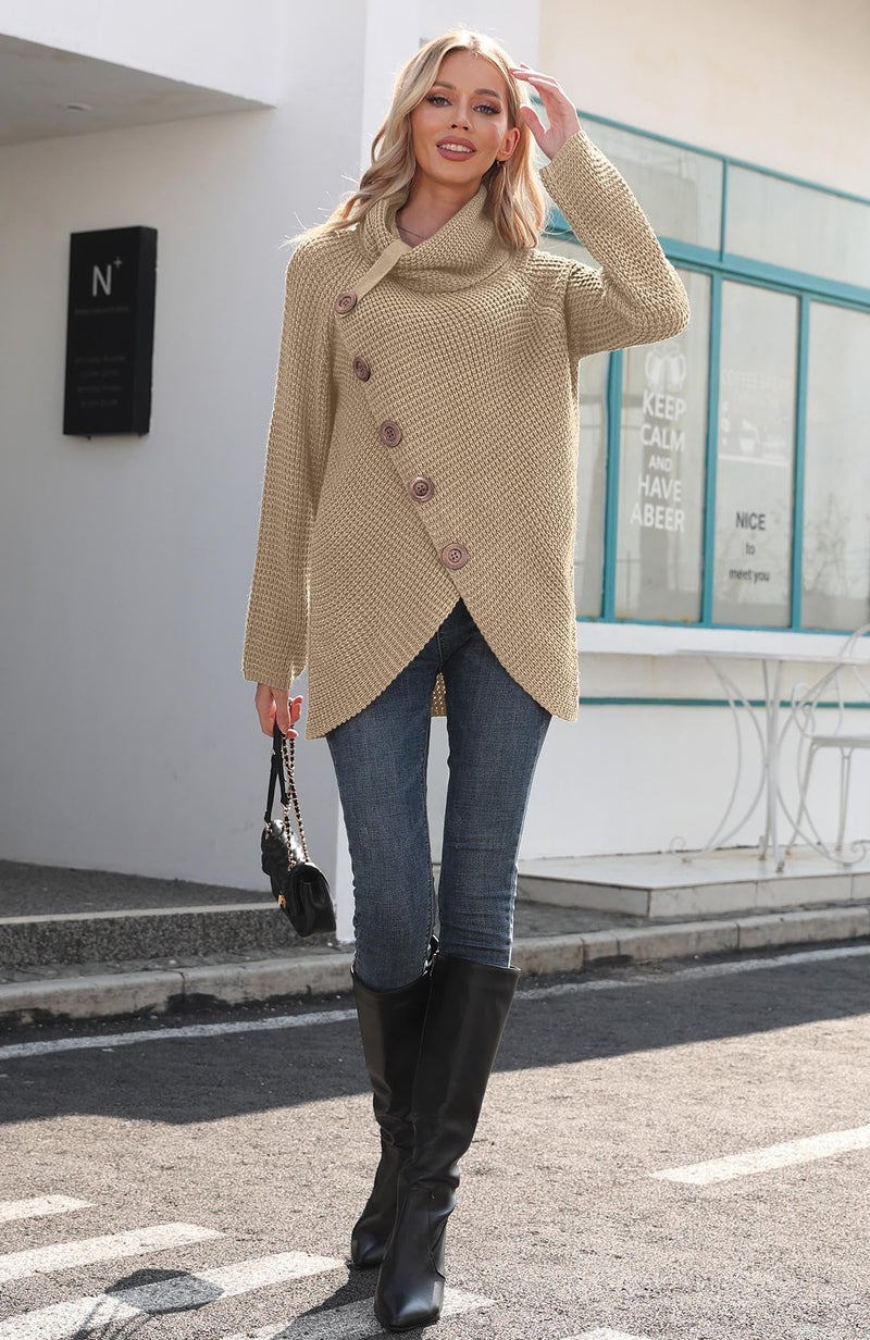 GRECERELLE Women's Fall Chunky Turtleneck Long Sleeve Asymmetric Hem Loose Knit Pullover Sweaters Tops, Khaki, L - Image 2