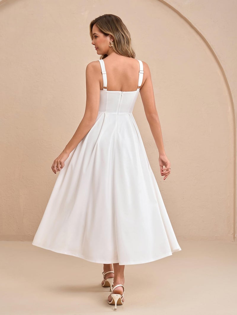 EYNMIN Wedding Guest Dresses for Women 2026 Summer Spring Square Neck Flowy A Line Elegant Midi Formal Dress White - Image 3