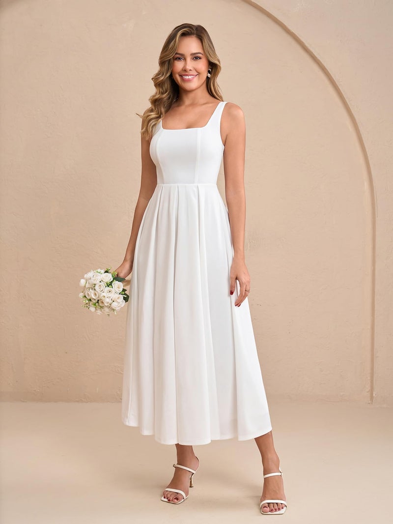 EYNMIN Wedding Guest Dresses for Women 2026 Summer Spring Square Neck Flowy A Line Elegant Midi Formal Dress White - Image 2
