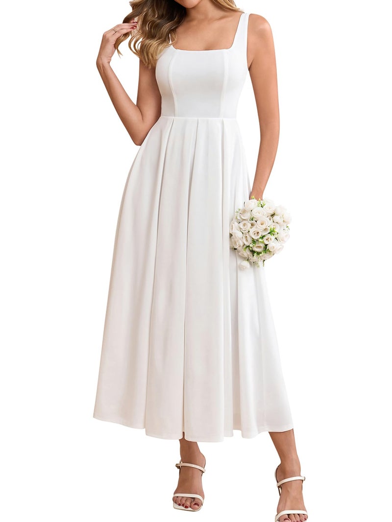 EYNMIN Wedding Guest Dresses for Women 2026 Summer Spring Square Neck Flowy A Line Elegant Midi Formal Dress White - Image 1