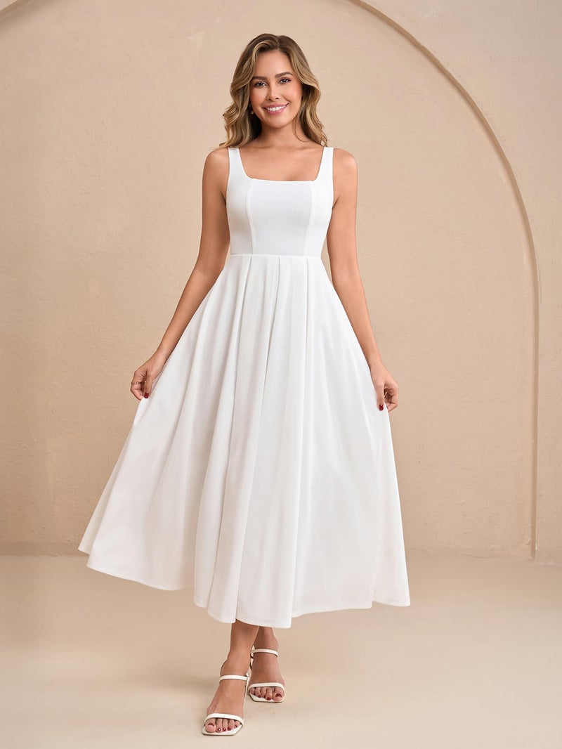 EYNMIN Wedding Guest Dresses for Women 2026 Summer Spring Square Neck Flowy A Line Elegant Midi Formal Dress White - Image 4