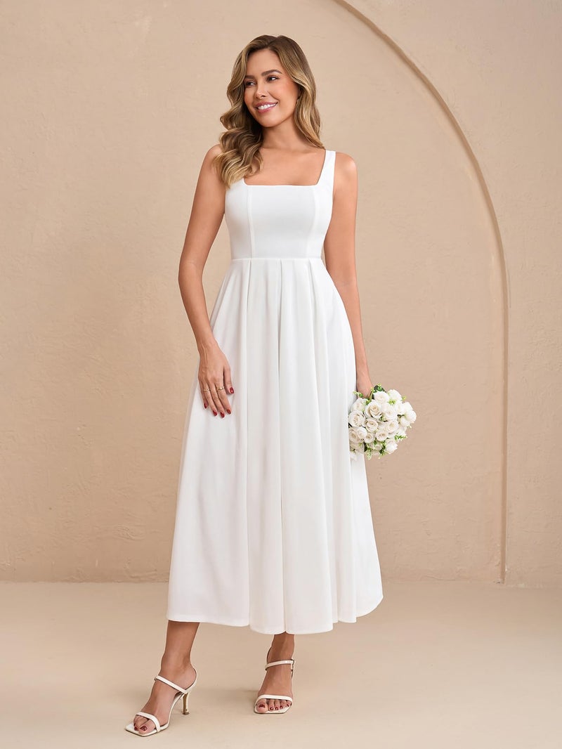 EYNMIN Wedding Guest Dresses for Women 2026 Summer Spring Square Neck Flowy A Line Elegant Midi Formal Dress White - Image 5