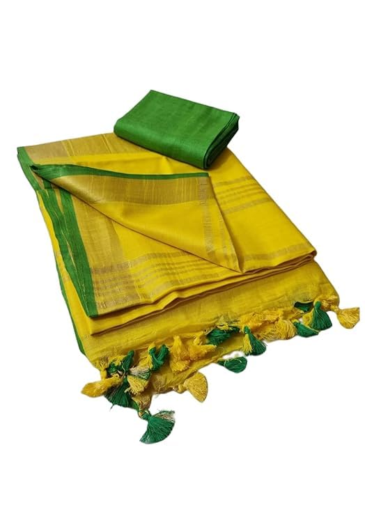 SheenKraft Hadloom Linen Cotton Blend Bhagalpuri Contrast Saree for Women (Gold-Yellow-Green) - Image 3