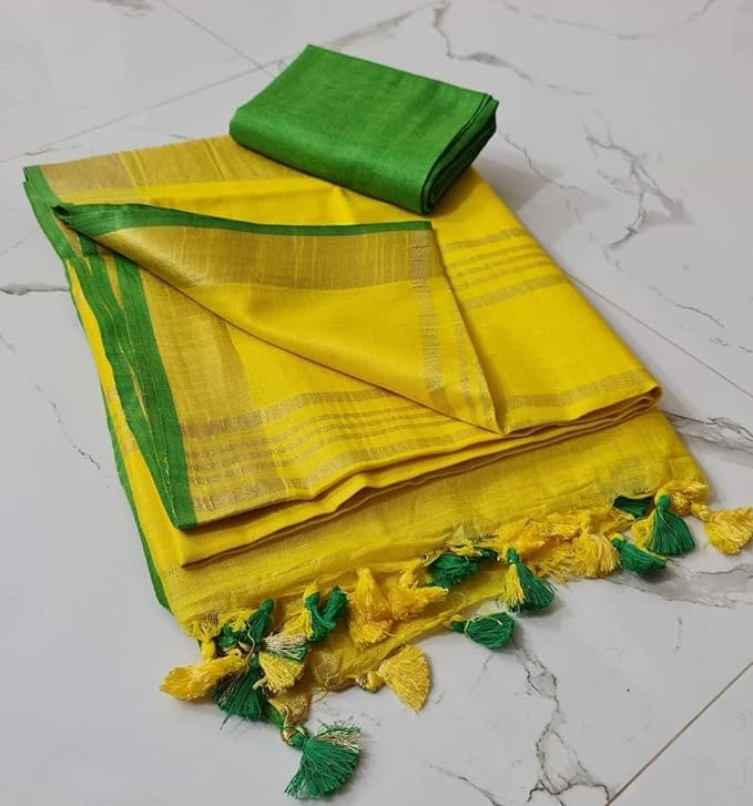 SheenKraft Hadloom Linen Cotton Blend Bhagalpuri Contrast Saree for Women (Gold-Yellow-Green) - Image 2