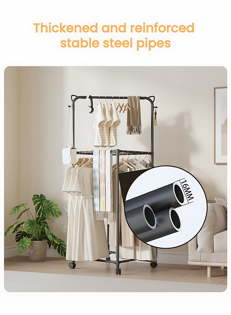 حامل ملابس سداسي دوار بعجلات، شماعة ملابس معدنية عمودية، حامل ملابس متين ومتعدد الوظائف. - Image 3