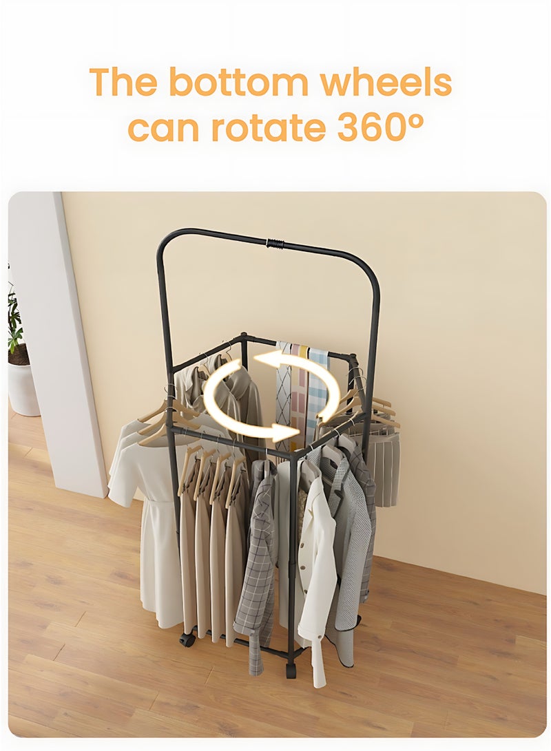حامل ملابس سداسي دوار بعجلات، شماعة ملابس معدنية عمودية، حامل ملابس متين ومتعدد الوظائف. - Image 4