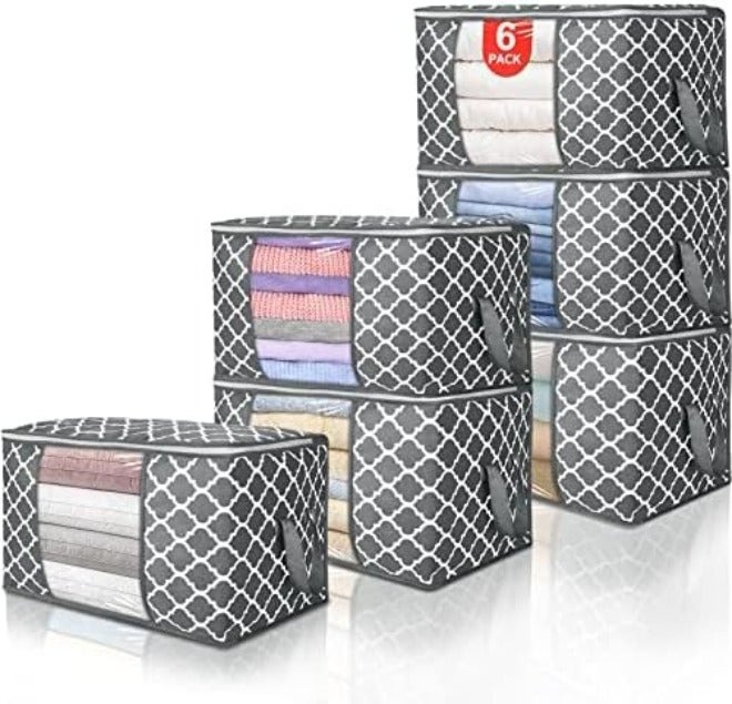 90 L Large Storage Bags, 6 Pack Clothes Storage Bins Foldable Closet Organizers Storage Containers with Reinforced Handle for Clothing, Blanket, Comforters, Bed Sheets, Pillows and Toys  (Gray)