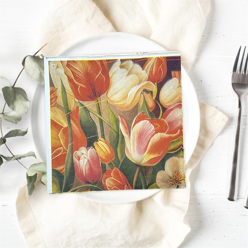 NICE Touch مناديل ورقية مطبوعة، تصميم زهور (25 سحب لكل عبوة، 75 ورقة، 33 × 33 سم)، مناديل طاولة 3 طبقات، وردي وأخضر - Image 2