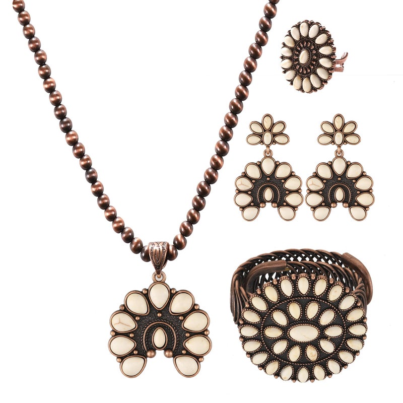 JMScape 4 PCS Western Turquoise Jewelry for Women Boho Vintage Navajo Pearl Necklace Earring Bracelet Ring Set Country Cowgirl Accessories for Gift (B-White) - Image 1