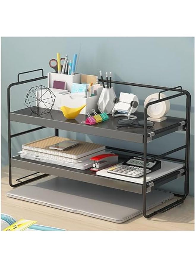 ميكسد منظم رفوف مكتب خشبي من بيكبيس - حل تخزين لوازم سطح المكتب موفر للمساحة من طبقتين لمساحة العمل والمكتب والمنزل، رف اسود + خشب اسود، (109-01) - Image 1