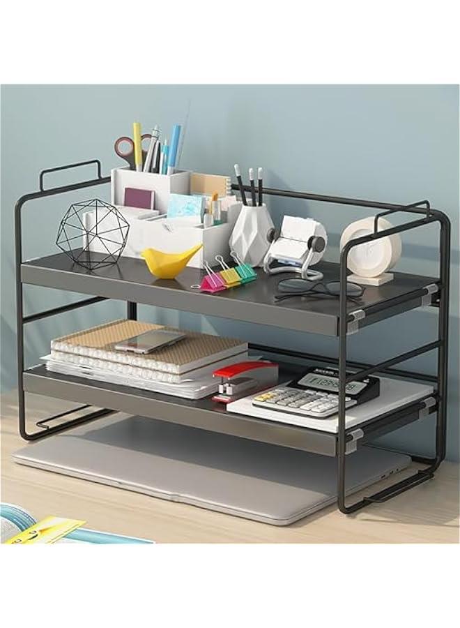 ميكسد منظم رفوف مكتب خشبي من بيكبيس - حل تخزين لوازم سطح المكتب موفر للمساحة من طبقتين لمساحة العمل والمكتب والمنزل، رف اسود + خشب اسود، (109-01) - Image 3