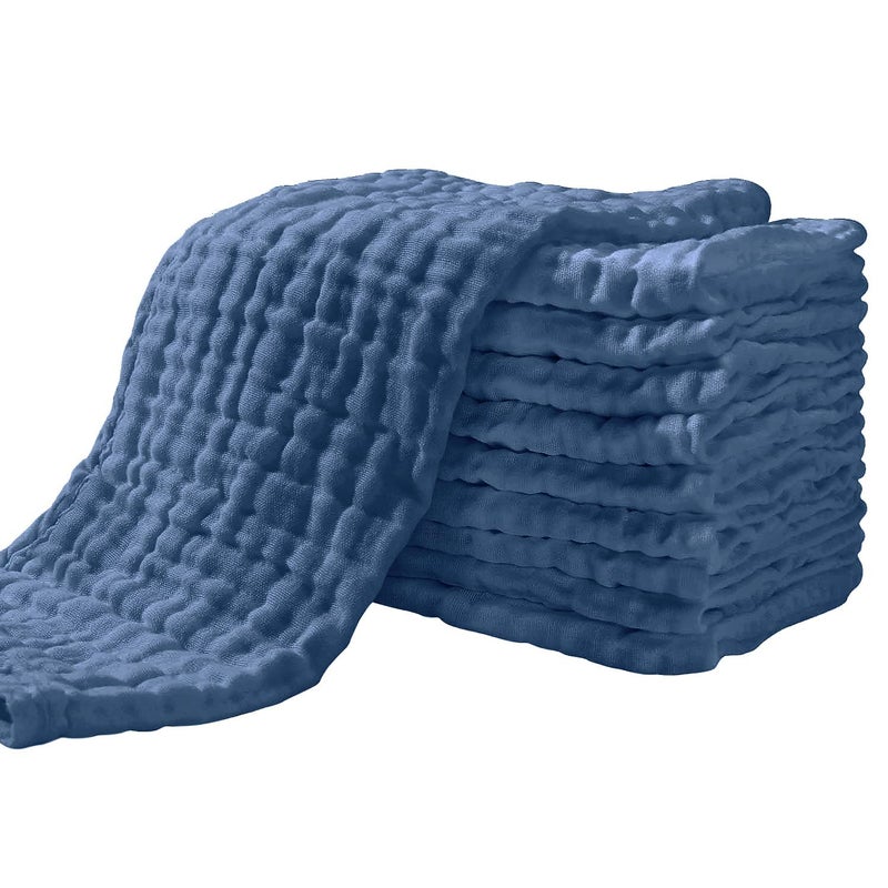Yoofoss Muslin Burp Cloths for Baby 10 Pack 100% Cotton Baby Washcloths for Boys Girls Large 20''X10'' Super Soft and Absorbent Dark Blue - Image 1