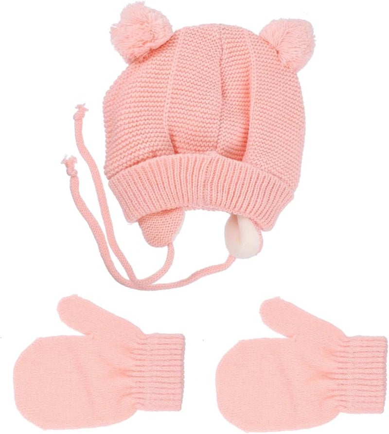 Pink Crochet Knitted Winter Hat And Gloves Set For Girls Boys Soft Touch - Image 1