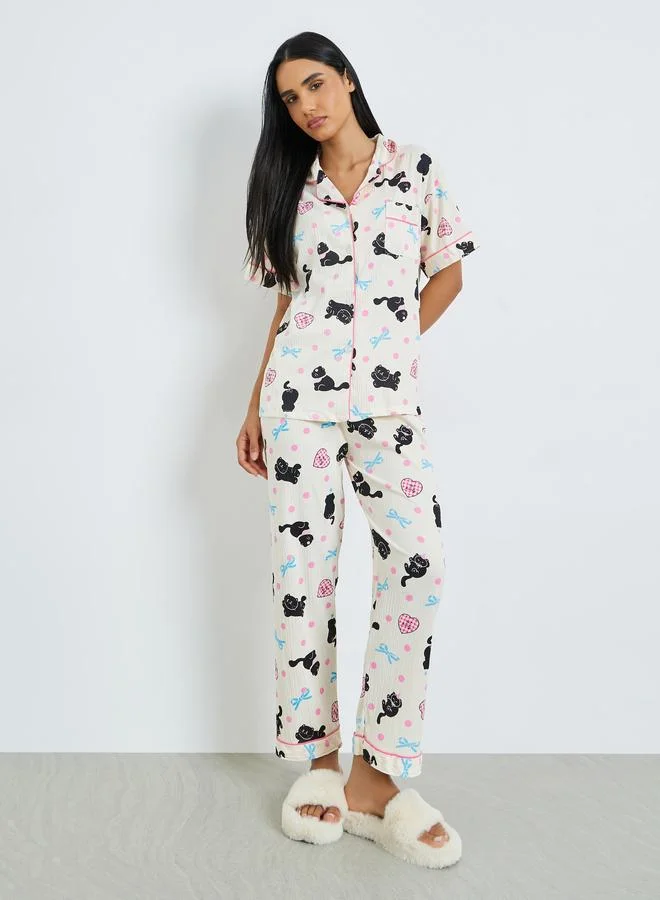 Styli All-Over Cat Printed Short Sleeve Shirt, Shorts and Pants Pyjama Set